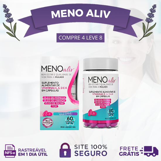 MENO ALIV 60 CÁPSULAS SOFTGEL - ALÍVIO DOS SINTOMAS DA MENOPAUSA - PROMOÇÃO OFICIAL